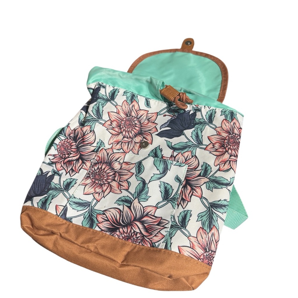 Floral Small Backpack with Tan Accents- Drawstring and Magnetic Closures - Picture 5 of 6